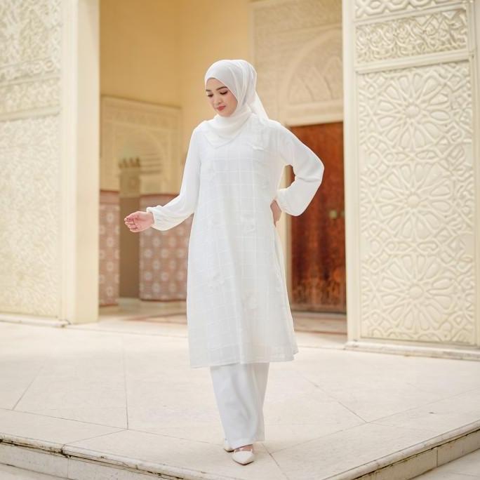 ZM Zaskia Mecca - Bivana Midi Dress Gamis - White Series - Binar Samudra Bordir Crinkle (TERBAIK) (T