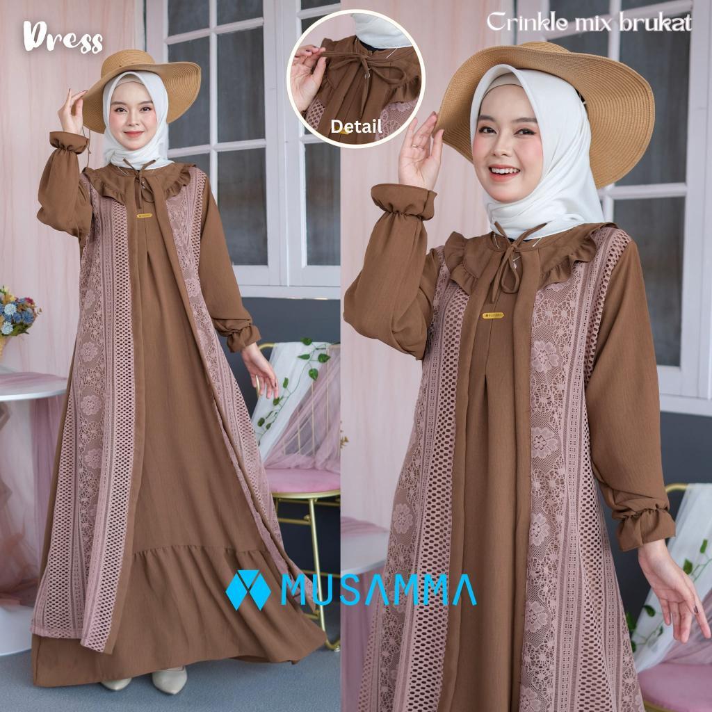 Mayra Dress - Gamis Crincle Premium Mix Brukat Malika/ Gamis Elegan Terbaru