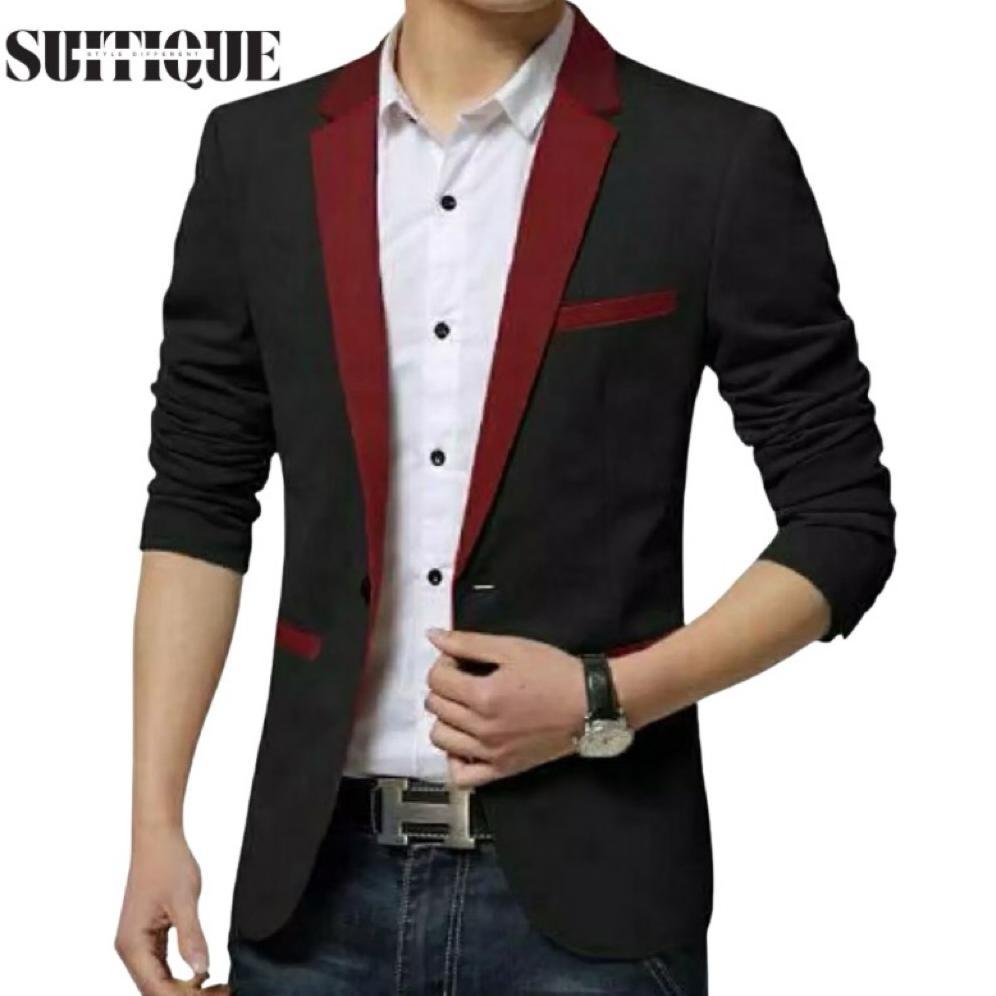 Suitique ID Jas Blazer Pria Fashion Slim Fit Formal Casual Kombinasi Merah Stylish Elegan Casual