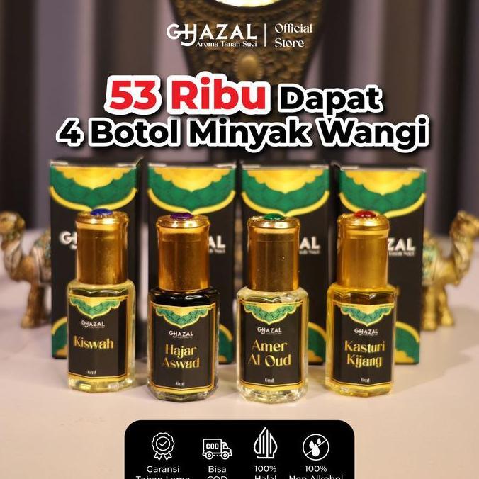 Aroma- Ghazal Parfum - Paket 4 Aroma Mekkah, Kasturi Kijang, Amer Al Oud, Kiswah, Hajar Aswad Minyak
