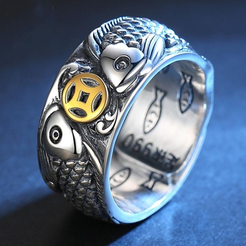 Cincin Ikan Koi Koin / Cincin Koin Kuno Motif Ikan Naga Silver Gold Perak Sterling Ukuran Adjustable
