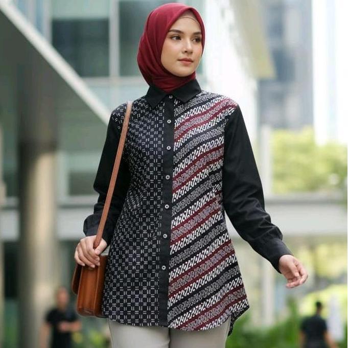 Murah Saiara Miya Hitam Marun Kemeja Batik Kombinasi Katun Toyobo