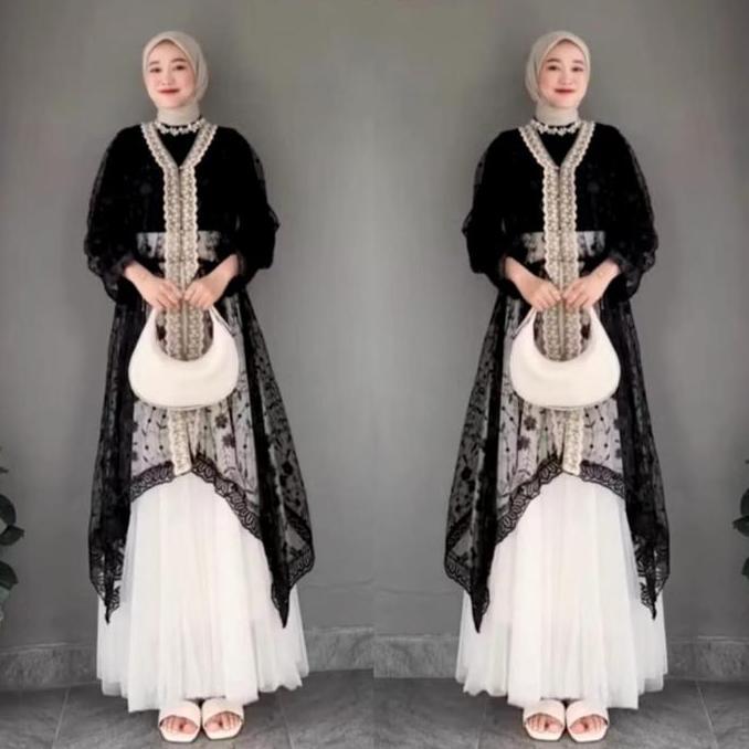 (BEST SELLER) Raya SET Brukat Tunik Satu Set Inner Outer Dan Rok Tutu Gamis Pesta Mewah Elegant 2025