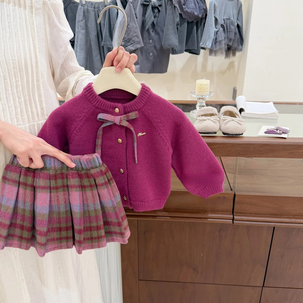 Setelan Baju Rajut Anak Perempuan Kardigan Jaket Dan Rok Kotak-Kotak