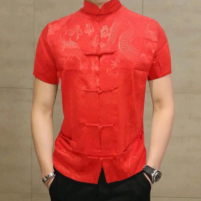 atasan cheongsam imlek pria import lengan pendek Baju tradisional Panjang