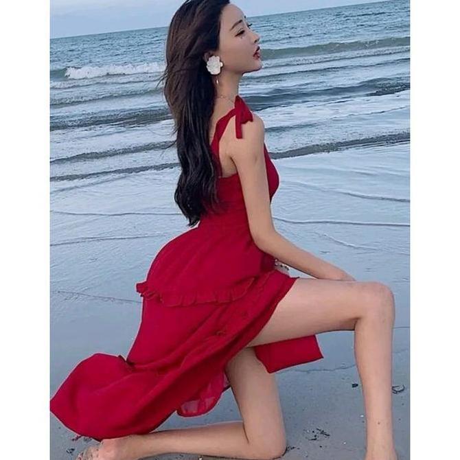 Grosir Dress Wanita Sabrina Selly  Korea Style Dress Pantai Kekinian Dress Tali Tanpa Lengan Dress S