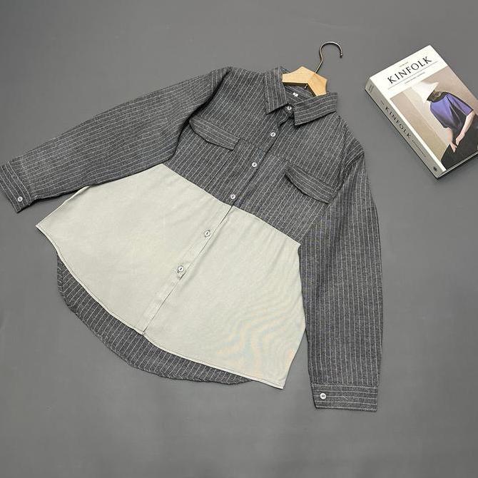 Berkualitas Luna Blouse Kombinasi - Kemeja Blouse Salur Mix Rayon Twill Premium - Atasan Wanita