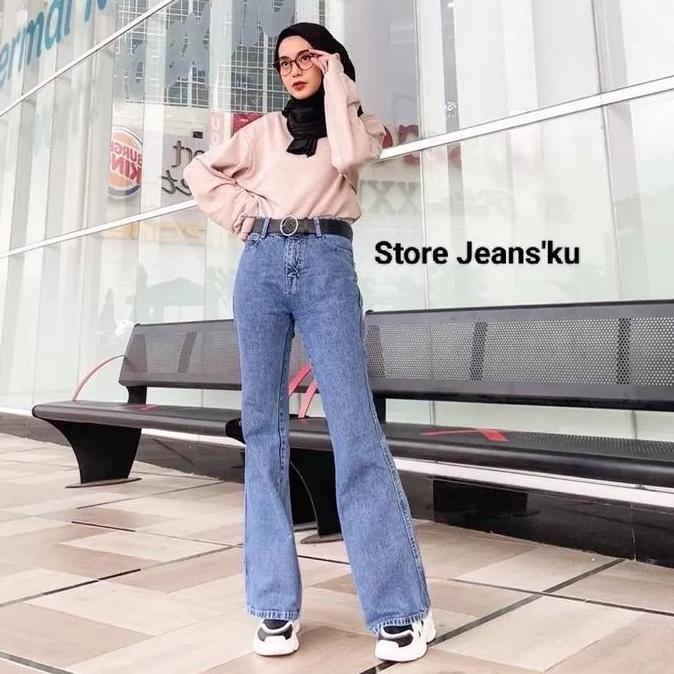 Disc Highwaist Cutbray Stretch Melar Celana Jeans Panjang Wanita Karet Hitam Karet Hitam