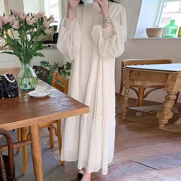Unik Long Dress Wanita Korean Lengan Pnjang Fairy Dress Putih Simple Hijab Friendly Dress Pantai Dre