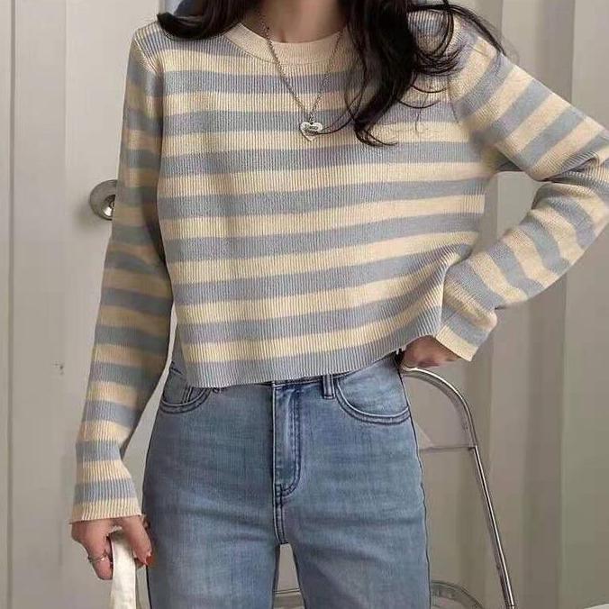 Thebest- AJWShop [RK] Atasan Crop Rajut Lengan Panjang Premium Salur Garis Garis | Crop Top Lengan P