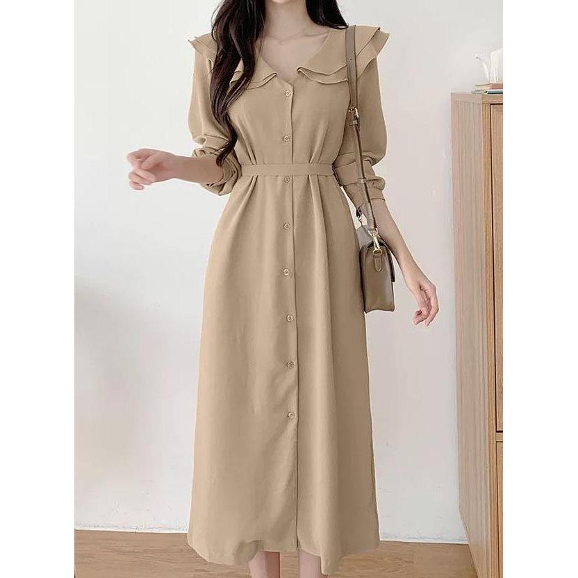 Murah Dress Panjang Polos Casual Kantor Wanita Formal Tunik Panjang Korean Style Dress Lengan Panjan
