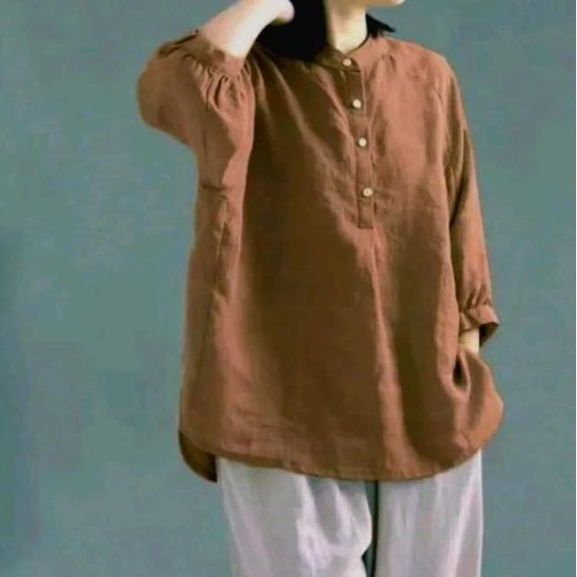 Unik Blouse Wanita Jumbo Katun Linen Rami Kerah Shanghai Kemeja Lengan 3/4 Baju  Atasan Linen Oversi