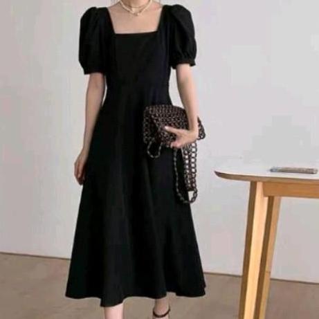 Murah  Dress Wanita Polos Midi Dres Hitam Variasi Simple Gaun Casual Baju Terusan Panjang