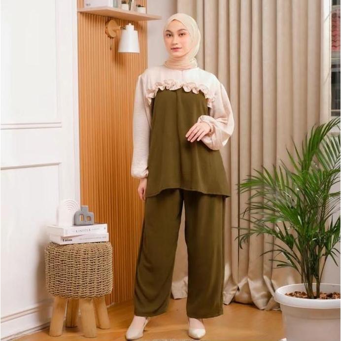Grosir One Set Tunik Setelan Crinkle Kombinasi Santorini Tangan Panjang Tunik Kekinian Simmer Rempel