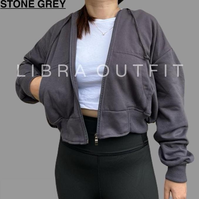 JAKET CROOPE HOODIE ZIPPER WANITA JAKET CROP TOP HODIE SAGE Grey Cream Brown Mint Denim Pink
