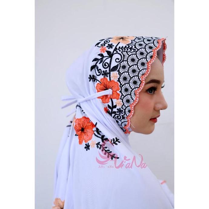 Otwkirim- Mukena Terusan Katun Putih Original Bordir Bunga Santri Dewasa /Remaja Keren  Lajuran Mura