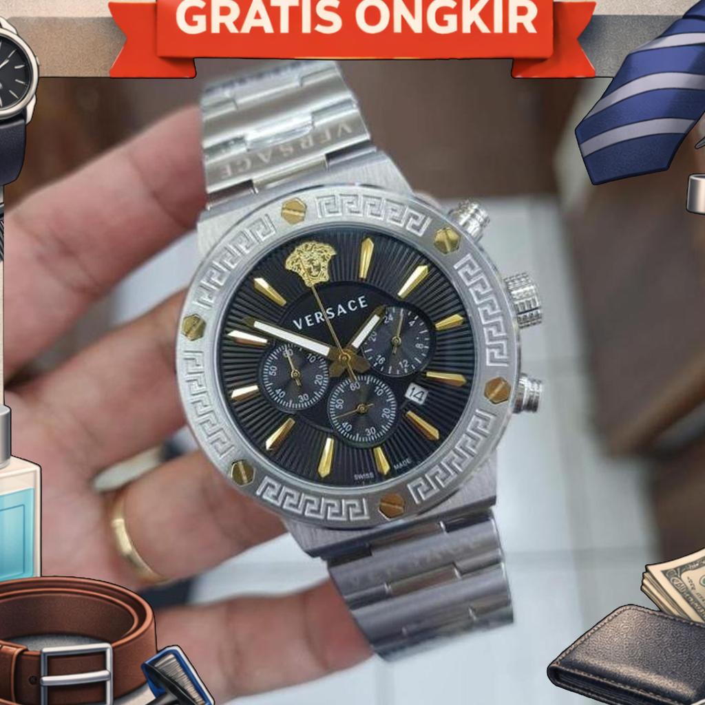 Jam Tangan Pria Chronograph Baterai Versace Greca Man Stainless Steel