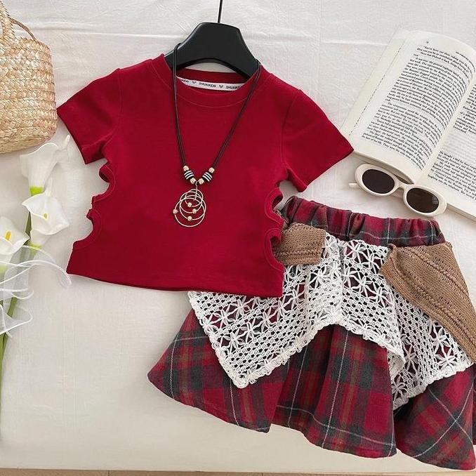 Promo RYUTA setelan rok celana anak perempuan 1-10 tahun/ rok rajut merah kotak anak Diskon