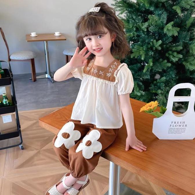 Promo Angenius Setelan Baju Atasan Kemeja Kaos Lengan Pendek Anak Perempuan Katun Polos U-Neck Celan