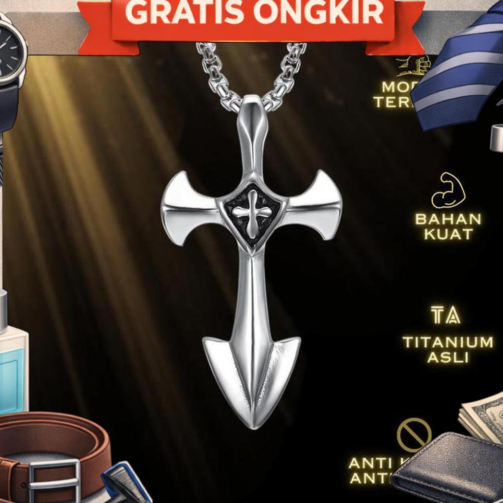 Kalung Salib Pria Liontin Perisai Titanium Asli Anti Karat Kalung Salib Laki-Laki Elegan Kristen Kat
