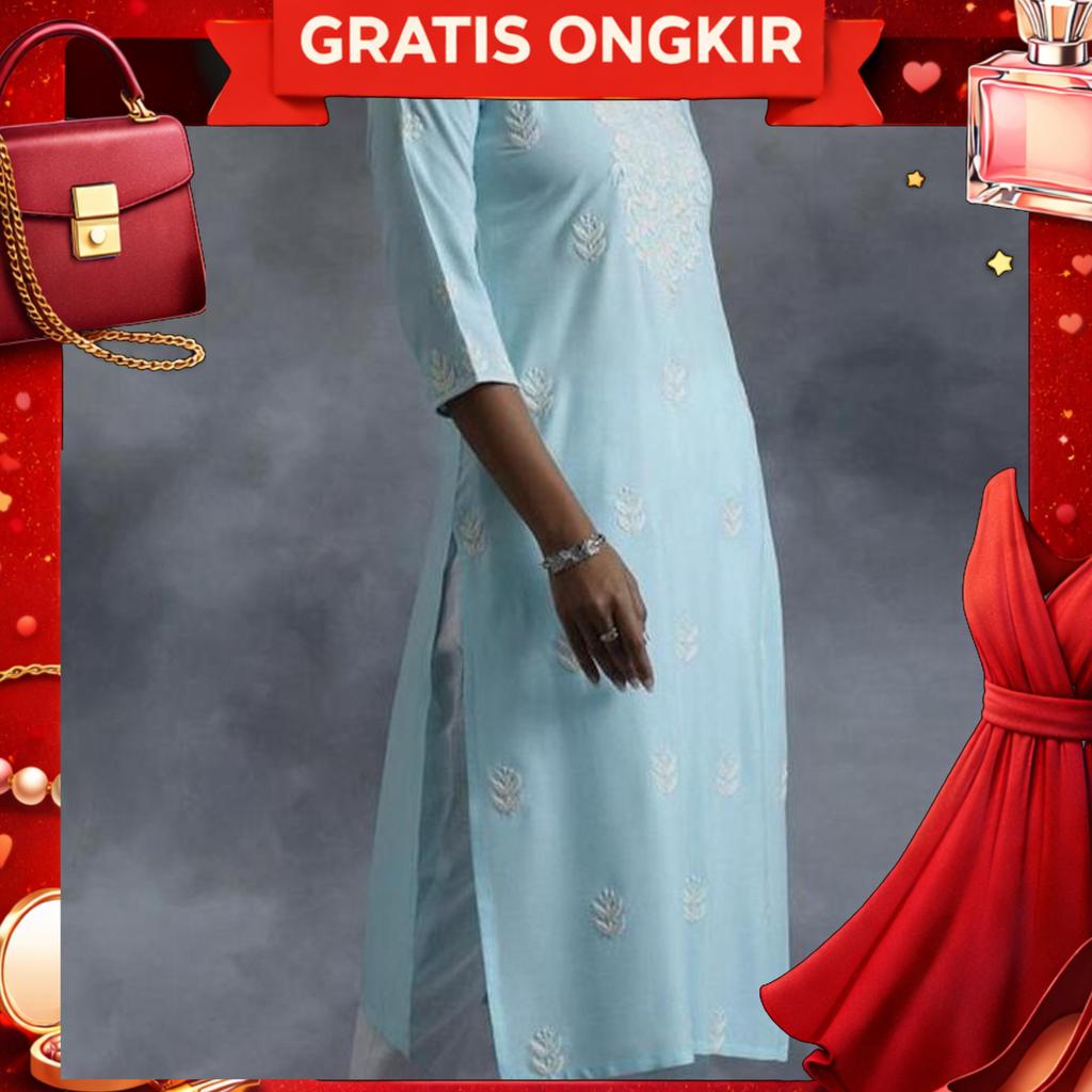 Laqueens Libas Baby Blue Kurta Kurti Baju India Panjang Bordir Dress Pesta Lebaran Kondangan Atasan 