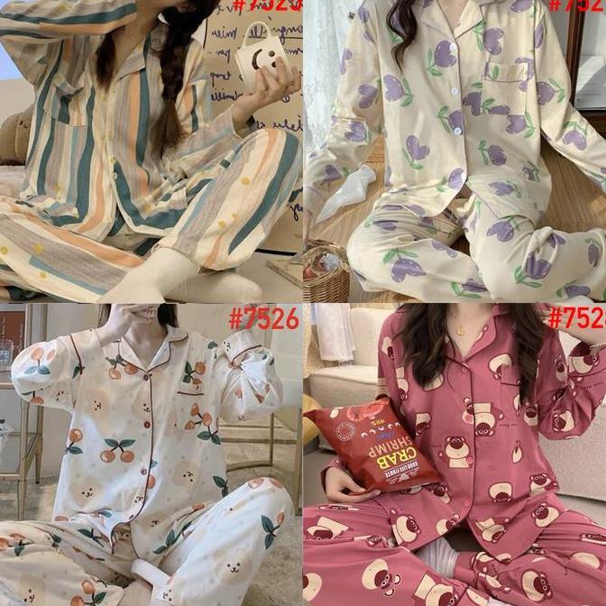 UMISUKA LEISURE WEAR Piyama Setelan Baju Tidur Model Korea Bahan Katun Polyester Lengan Panjang Cela