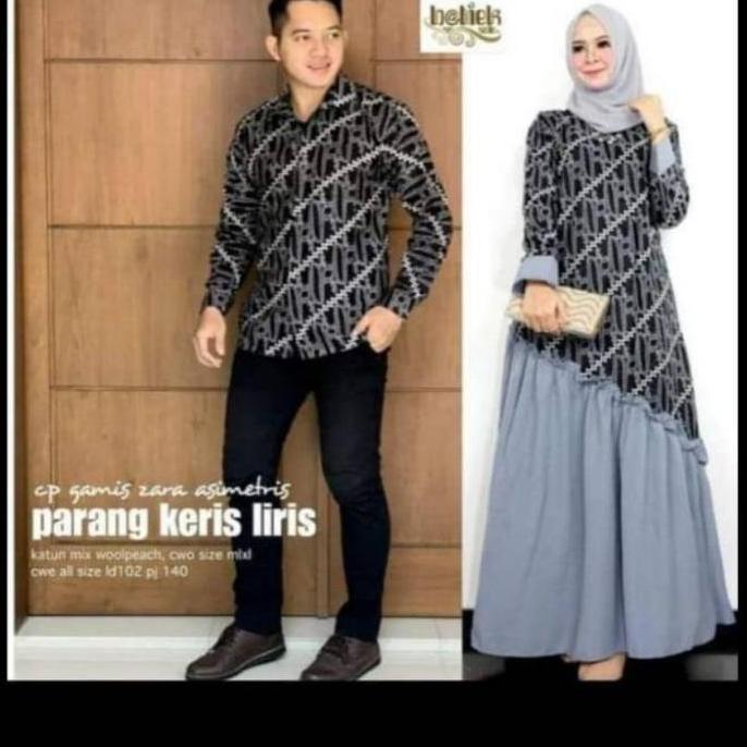 couple gamis kombinasi batik elegan Katun Baju Wanita Simple Muslim Polos Pasangan Dress Kondangan S