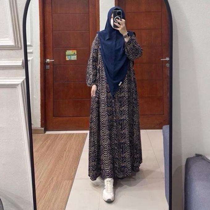 Tania Dress Gamis Rayon Viscose Busui Friendly Tanpa Hijab Manset Karet Tangan Semi Balon