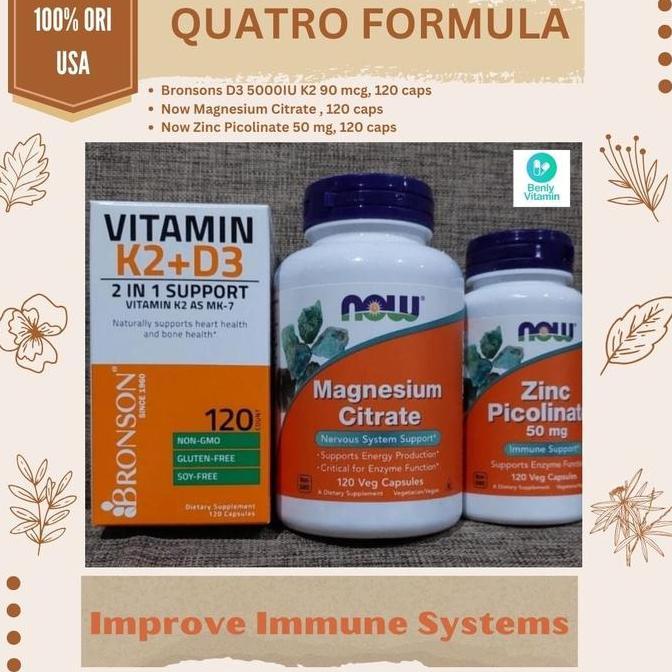 Quatro Formula,Paket ekonomis D3+K2,Magnesium Citrate, Zinc Picolinate