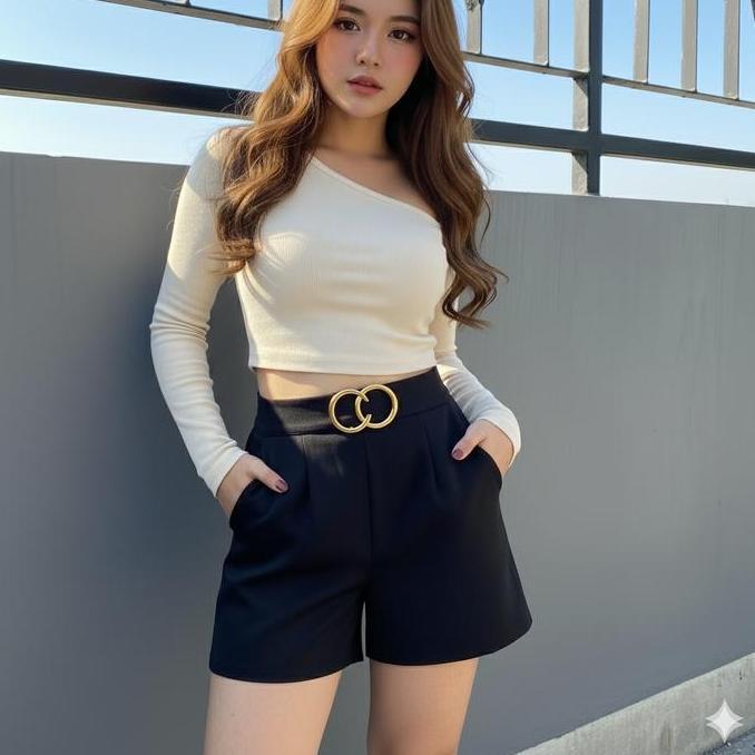 Yurima- Celana Pendek Wanita Belt 6813 & 6870 Bahan Scuba Premium Karet Belakang Pinggang Hitam Ston