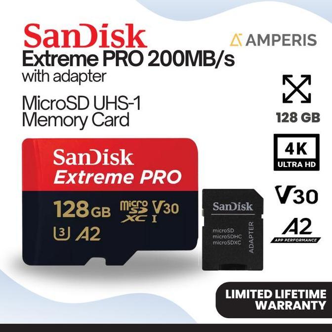 SANDISK Extreme PRO MicroSDXC 128GB 200 MB/s UHS-1 C10 U3 V30 A2 4K for Drone Camera CCTV Smartphone