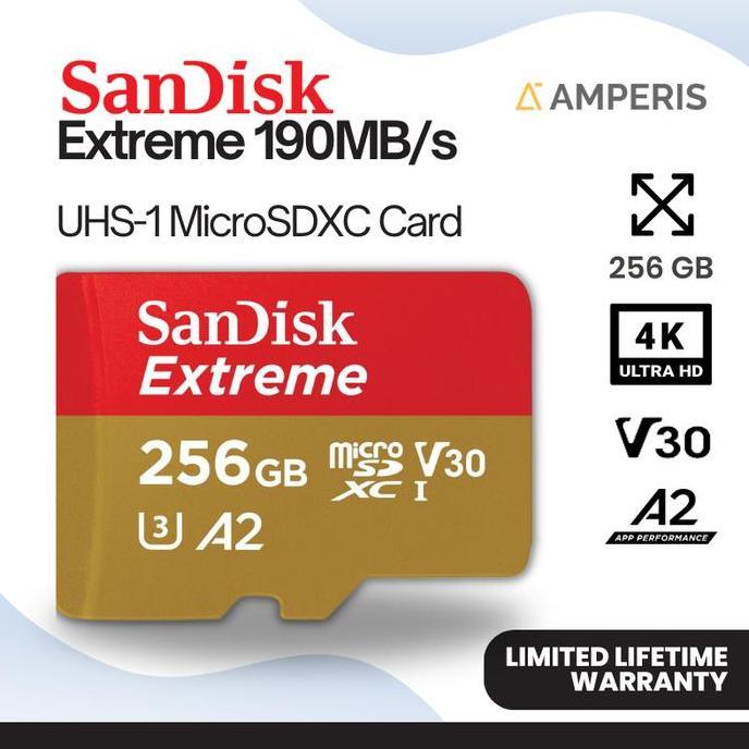 SANDISK Extreme MicroSDXC 256GB 4K UHS-1 C10 U3 V30 A2 190 MB/s for Drone Camera CCTV Smartphone