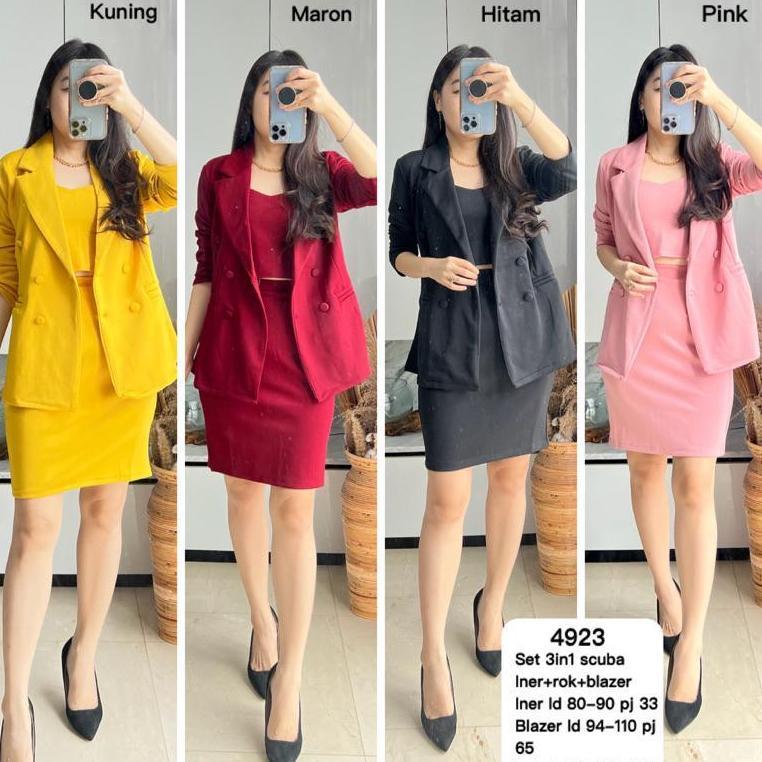 Grosir Unik De_Kuniawan - Setelan Jas Wanita 3In1 Blazer Inner Rok Modis Elegan Kantor