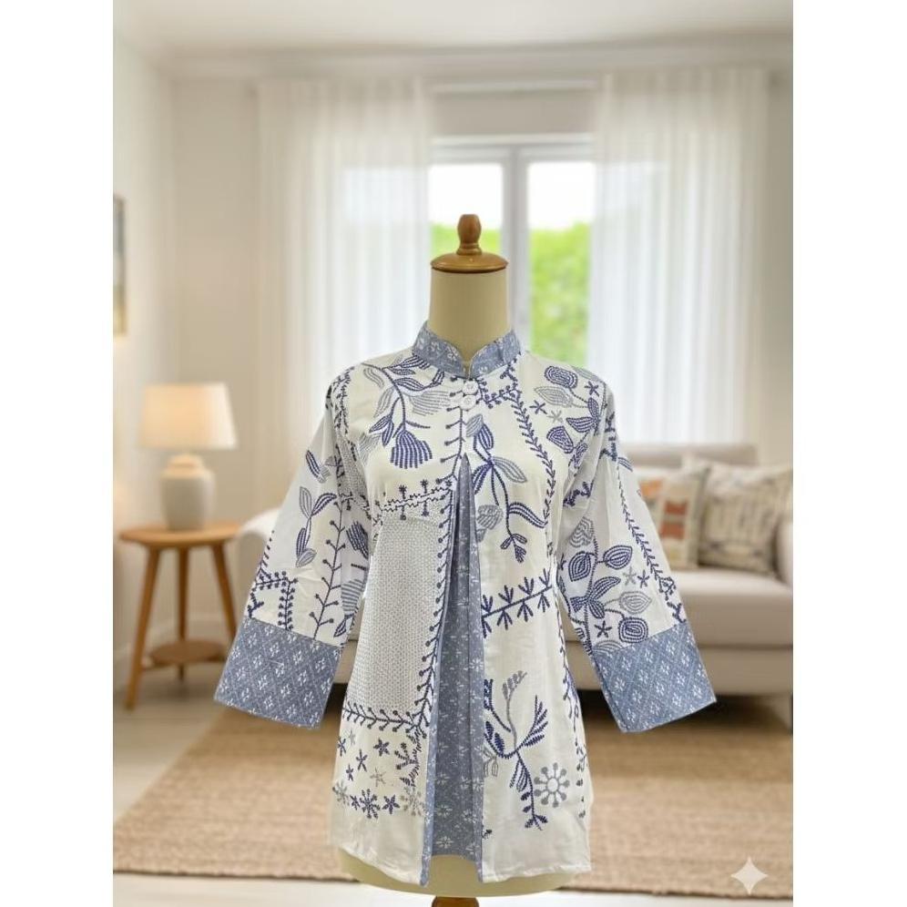 DISKON BLOUSE BATIK KERAH SANGHAY//BATIK MOTIF BORDIR//SERAGAM BATIK KANTOR//ATASAN WANITA//BATIK SU