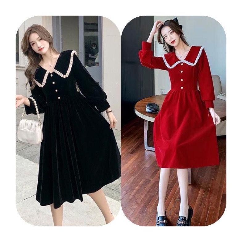 DISKON D21 DRESS KOREAN VELVET BLUDRU LENGAN PANJANG KERAH COLLAR / MIDI DRESS / VINTAGE DRESS A LIN