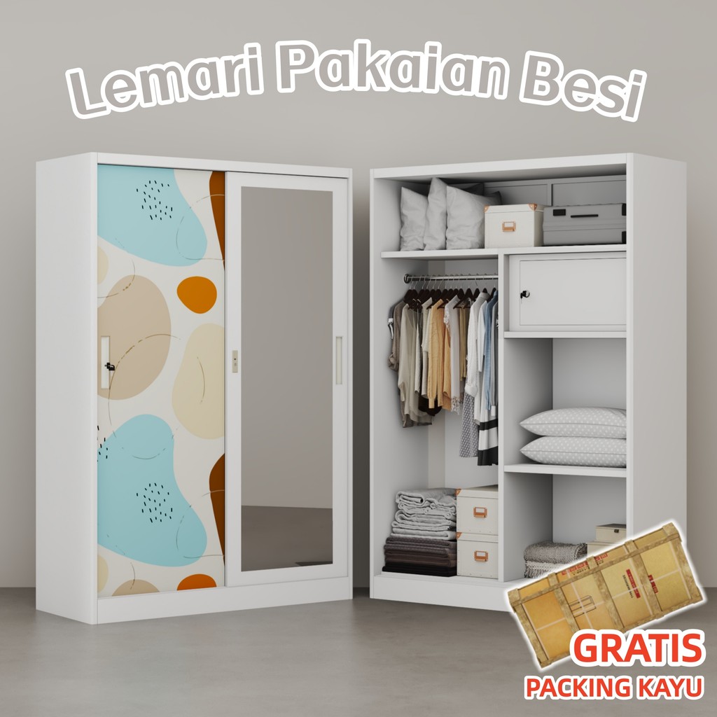 Lemari Pakaian Besi — Sliding 90cm / 120cm 2 Pintu Lemari Baju Besi Pintu cermin