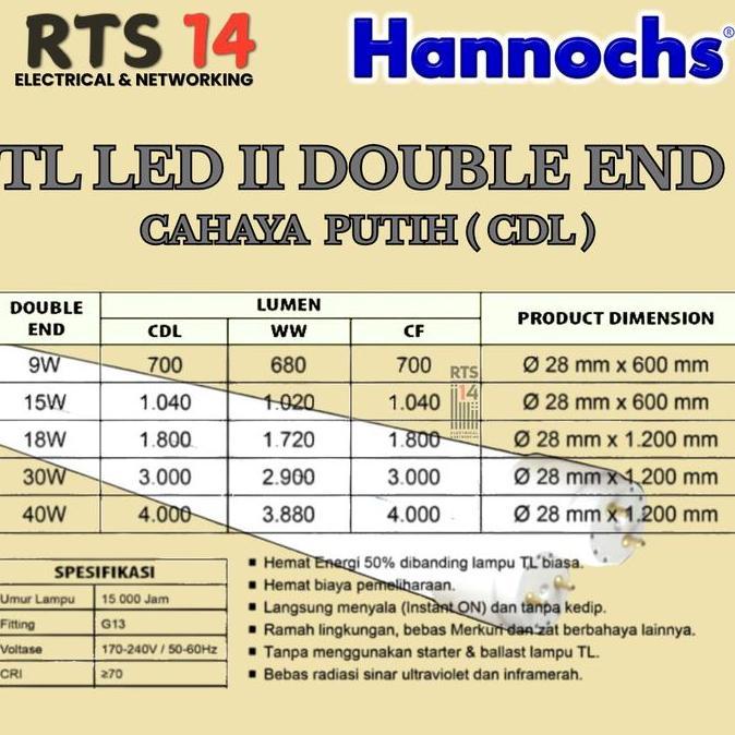 Hannochs TL LED II Doue End 40W Cahaya Putih (CDL) - Lampu TL LED 40WATT Cool Daylht 6k Hannochs