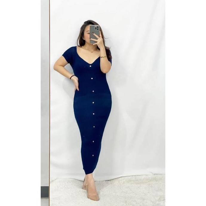 Promo xFashion.ID - Dress Maksi Buutton Rajut Casual Kancing Casual Kancing Melar Panjang Diskon