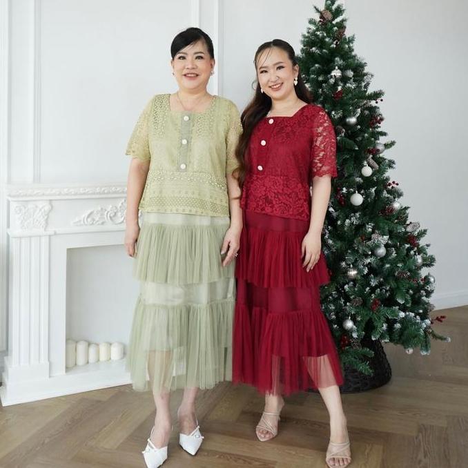 Promo (Victoria Wear House) Merry Dress - Dres Gaun Terusan Midi Lengan Penned Bahan Brokat dan Till