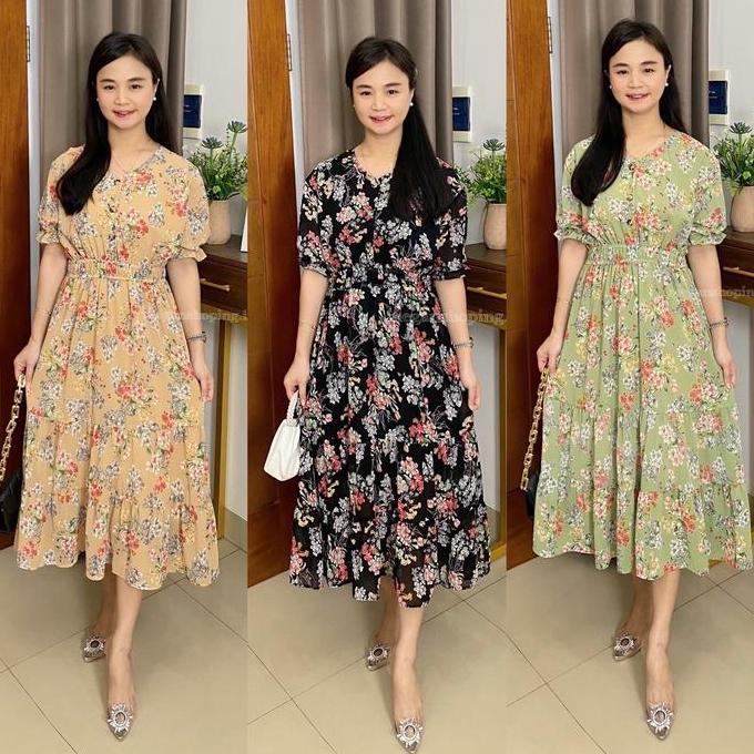 Promo meganshoping - Heira Dress Floral Dress Lengan Balon Kancing Hidup Ceruty Fashion Wanita Disko