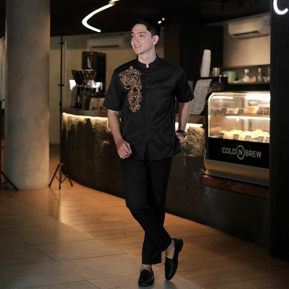 DISKON BASTOH BAJU KOKO PRIA LENGAN PENDEK KEMEJA KOKO BORDIR GOLD MARU HITAM DEWASA