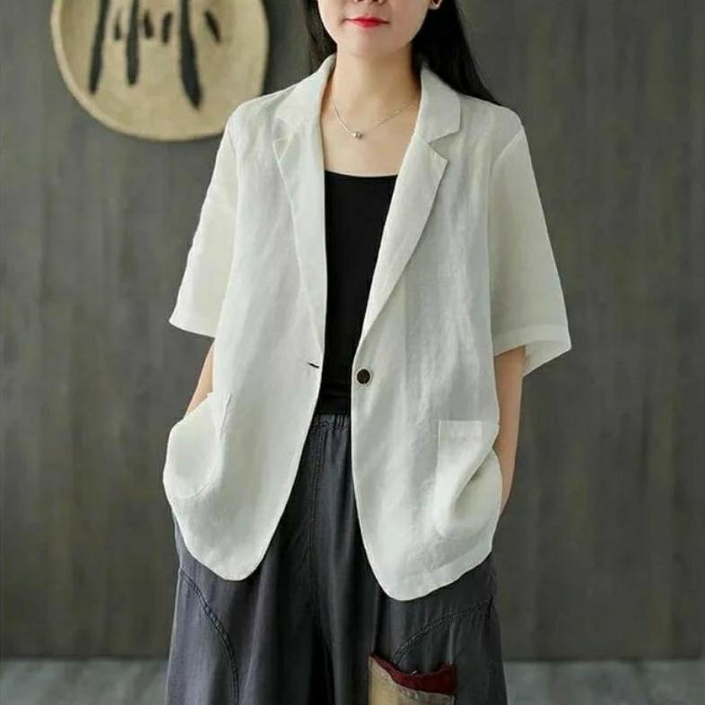HOT DEALS Blazer Lengan Pendek Jumbo Wanita Linen Ld 100cm sampai 140cm | Lucinta Blazer | Blazer Ko