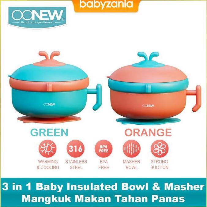 Oonew 3 In 1 Baby Insulated Bowl & Masher Mangkuk Makan Tahan Panas