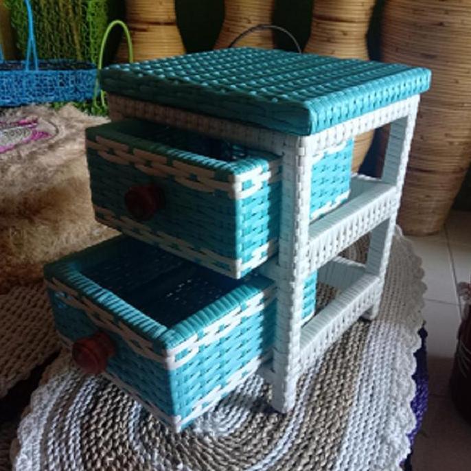 Barunih- Rak Mini 2 Susun Rak Lemari Laci Ukuran Mini Box Rotan Sintetis Penyimpanan Serbaguna Kotak