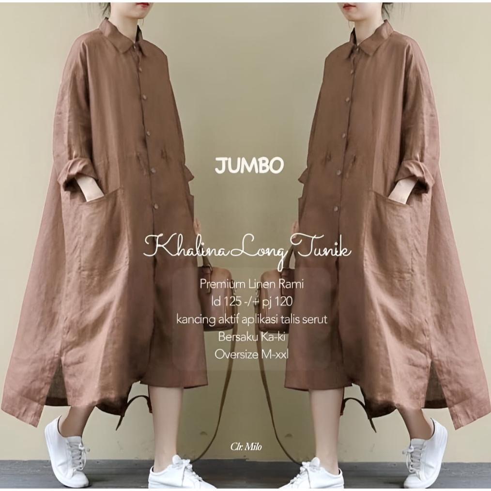 FREE ONGKIR COD - KHALINA LONG TUNIK ATASAN BAJU TUNIK MUSLIM WANITA MATT LINEN RAMI FIT TO XL BESAR