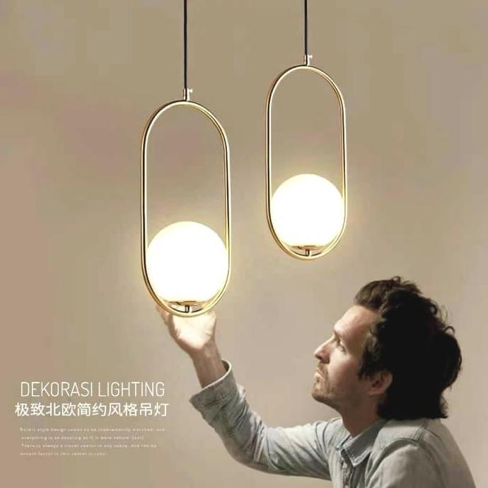 L472 Lampu gantung gold bola kaca susu modern minimalis bentuk oval
