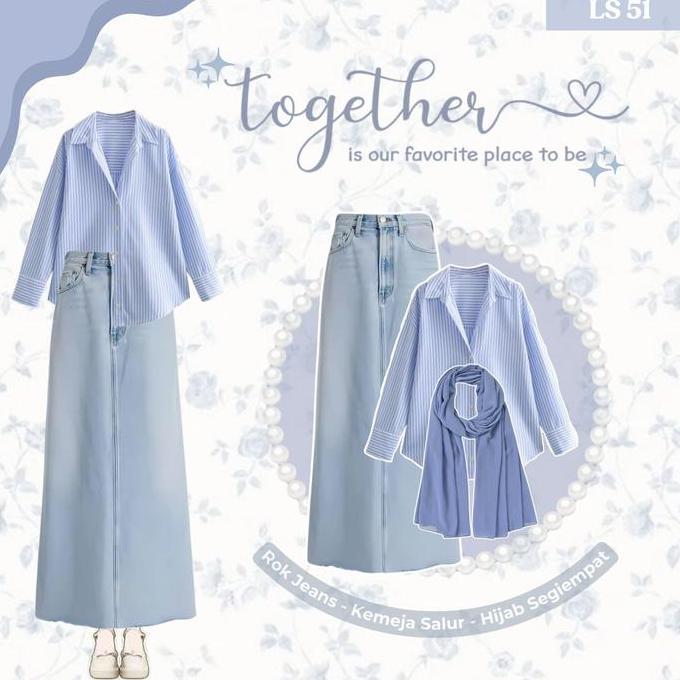 DV131 - Setelan OOTD Korean Style Remaja | One Set Hangout (Kemeja Kancing Salur Oversize Katun Biru