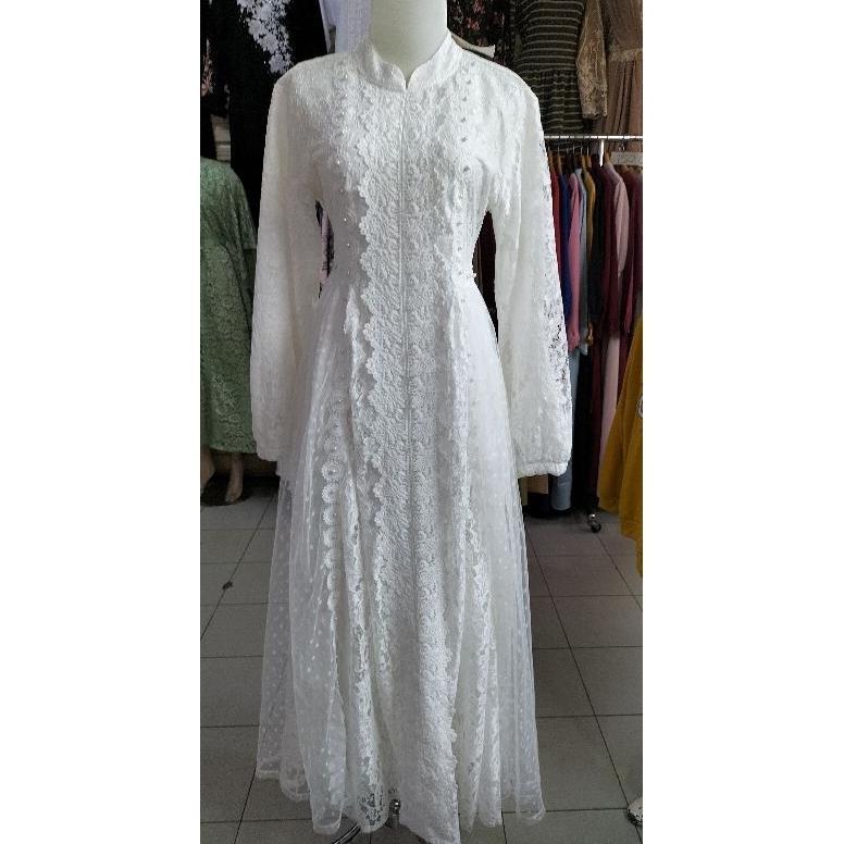 FREE ONGKIR GAMIS PUTIH FULL BRUKAT +TILE PREMIUM MUTIARA
