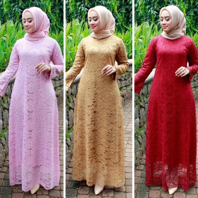 DE145 - Gamis BRUKAT full Puring/gamis terlaris gamis termurah/fashion wanita Brokat Muslim Panjang 