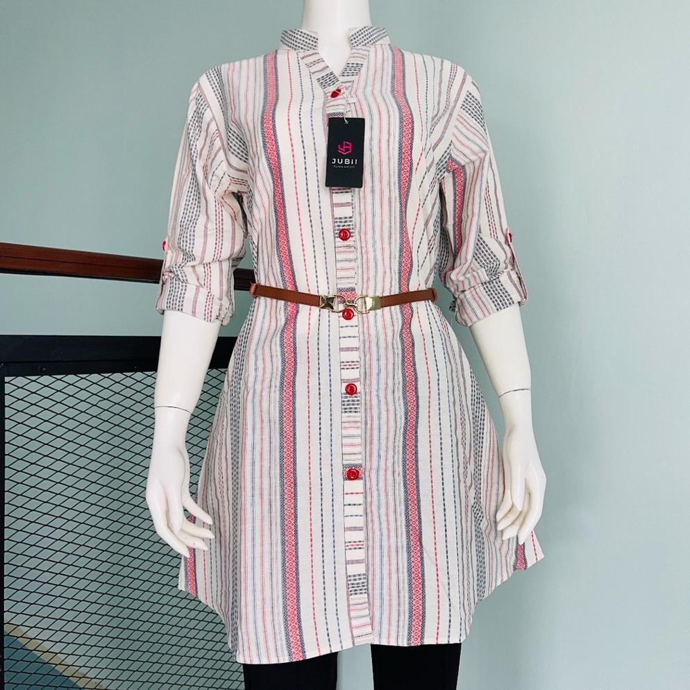 FREE ONGKIR JUBII.TUNIK TRISET MOTIF DOBBY TIMBUL FREE IKAT PINGGANG CANTIK